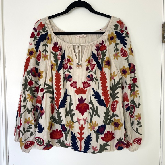 Soft Surroundings Banjara $130 Embroidered Tunic Top Cream Floral Boho Size L - Picture 2 of 10